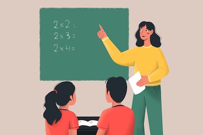 Teacher pointing at a chalkboard with multiplication problems while two students watch attentively