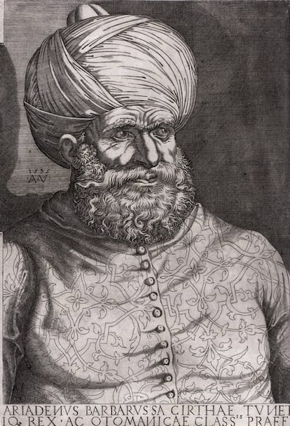Grabado del pirata otomano Barbarroja, de Agostino Veneziano.