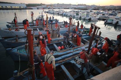 Marineros de la Almadraba antes de salir a faenar en el puerto de Barbate.