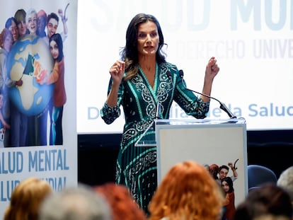 La reina Letizia durante su intervención el pasado martes en el acto institucional del Día Mundial de la Salud Mental, en un hotel de Madrid.