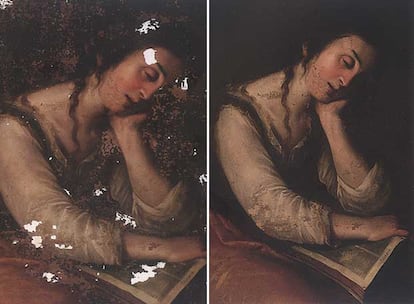 Detalle de los estados por los que ha pasado el lienzo <i>La Magdalena desprendiéndose de sus joyas,</i> de Camprobín Passano: inicial y restaurada.