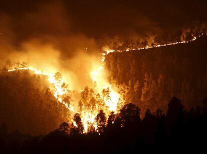 Alrededor de 300 efectivos de extinción de incendios trabajarán a lo largo de la noche para tratar de controlar el flanco y la cola del incendio declarado este domingo en la zona de Ifonche, en el municipio tinerfeño de Adeje, que aún sigue sin estar controlado.