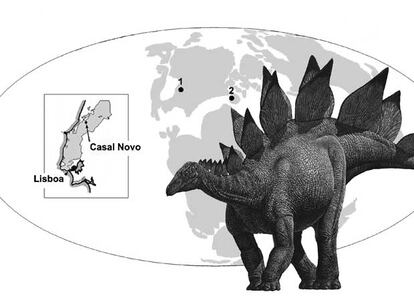 Dibujo del estegosaurio hallado en Portugal, y localización en América (1) y Europa (2) hace 150 millones de años.