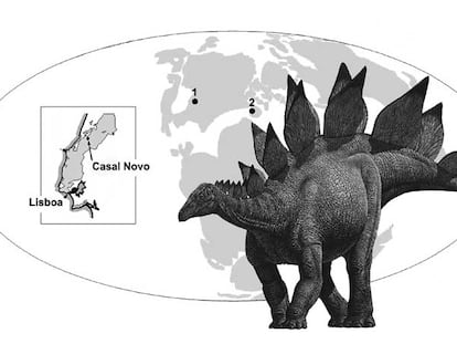 Dibujo del estegosaurio hallado en Portugal, y localización en América (1) y Europa (2) hace 150 millones de años.