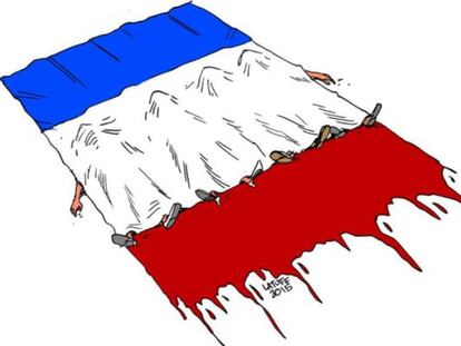 Mortos cobertos pela bandeira da França, do brasileiro Carlos Latuff.