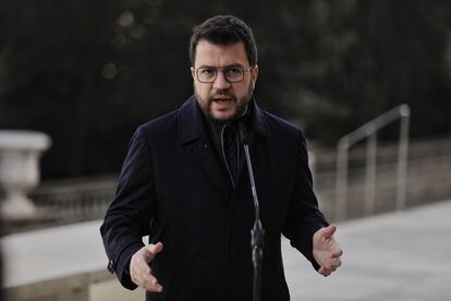 El president de la Generalitat, Pere Aragonès, hace declaraciones este jueves durante un acto en el Museo Nacional de Arte de Cataluña (MNAC)