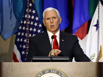 Mike Pence durante seu pronunciamento na Conferência das Américas.