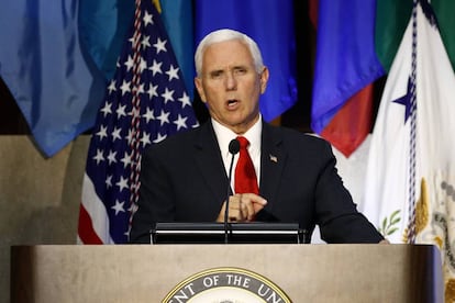 Mike Pence, durante su charla en la Conferencia de las Américas.