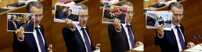 El socialista Antonio Torres exhibió durante el debate fotos de Alberto Fabra con Francisco Camps, Carlos Fabra, Rafael Blasco y Sonia Castedo.