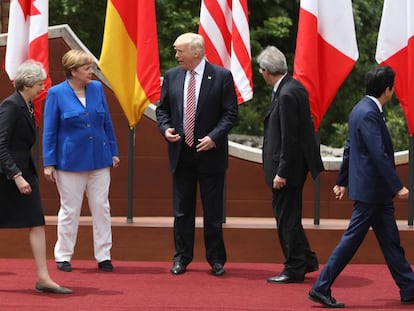 Donald trump, amb Theresa May, Angela Merkel, Paolo Gentiloni i Shinzo Abe.