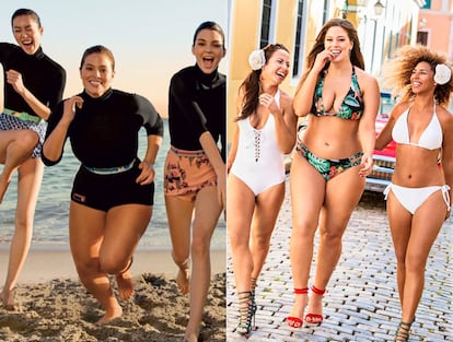 Ashley Graham vestida de negro en el editorial de ‘Vogue’ VS. Ashley Graham en el lookbook de su colección de bañadores. En la revista, de negro. En su colección, bikini estampado junto a dos chicas más delgadas vestidas de blanco.