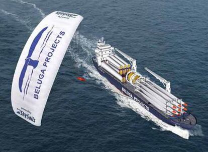 El barco <i>Beluga Skysail</i>, propulsado con combustible y a través de una vela, reduce la emisión de CO2.