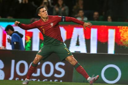 Portugal's forward Cristiano Ronaldo celebrates scoring his team's fourth goal during the UEFA Euro 2024 qualification match between Portugal and Liechtenstein at the Jose Alvalade stadium in Lisbon on March 23, 2023.