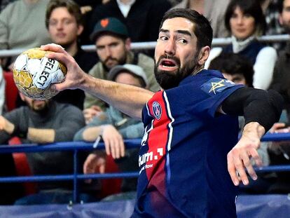 PARIS, FRANCE - FEBRUARY 22: Nikola Karabatic of Paris Saint-Germain takes a shoot during the EHF Champions League Paris Saint-Germain Handball and Industria Kielce at Stade Pierre de Coubertin on February 22, 2024 in Paris, France. (Photo by Aurelien Meunier - PSG/PSG via Getty Images)