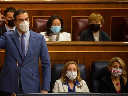 El presidente de Gobierno, Pedro Sánchez, durante su intervención en el Congreso, este miércoles.