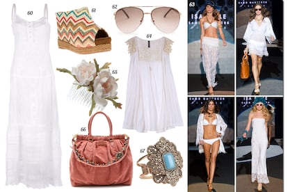 60. Gado Gado Vestido largo de tirantes con detalles de encaje y batista. 61. Jeffrey Campbell Sandalia de rafia con cu?a. 62. Mango Gafas de sol con montura de metal. 63. Isa Belle. 64. Naf Naf Chaleco con detalles de croch en los hombros. 65. Accesorize Peina con flores. 66. Miu Miu Bolso de ante con doble asa y pedrera. 67. ?scar de la Renta Brazalete con piedra.