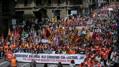 Cabecera de la manifestación del 1 de Mayo en Barcelona, en 2017.