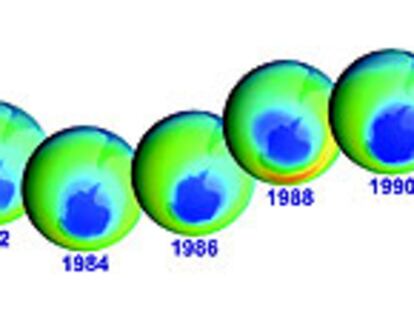 Evolución del &#39;agujero&#39; de la capa de ozono sobre la Antártida durante 20 años, según las observaciones realizadas desde satélites.
