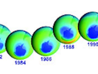 Evolución del 'agujero' de la capa de ozono sobre la Antártida durante 20 años, según las observaciones realizadas desde satélites.