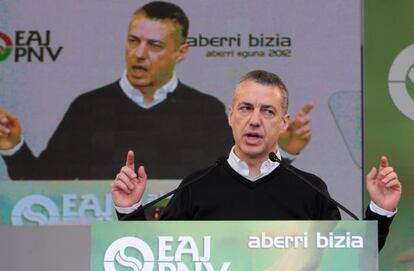 El presidente del PNV, Iñigo Urkullu, en el acto de su partido en Bilbao el pasado Aberri Eguna.