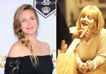 Drew Barrymore aparecía en los primeros minutos de la película, y su personaje moría asesinado al poco de aparecer. En la imagen la actriz el pasado mes de octubre y, a la derecha, en un fotograma de la película.