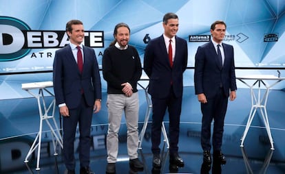 From l-r: Pedro Casado, Pablo Iglesias, Pedro Sánchez and Albert Rivera at an election debate on Tuesday night.