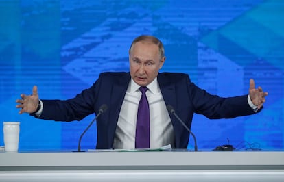 Vladímir Putin, el jueves, en su tradicional rueda de prensa anual, en Moscú. 