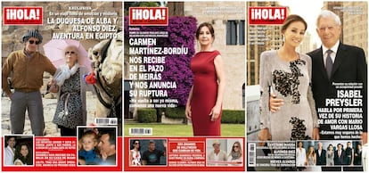 De izquierda a derecha, la duquesa de Alba con Alfonso Díez en Egipto, en una portada de enero de 2010;  Carmen Martínez-Bordiú en el pazo de Meirás, en agosto de 2014; e Isabel Preysler y Mario Vargas Llosa, en la portada de la revista '¡Hola!' del 23 de septiembre de 2015.