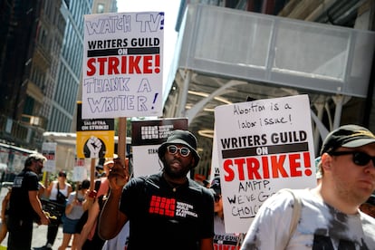 People picket on the 100th day of the Writers Guild of America (WGA) strike outside of Warner Bros. Discovery and the Netflix headquarters in New York, New York USA, 09 August 2023