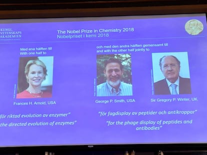 Momento del anuncio de los tres ganadores del Nobel de Química 2018.