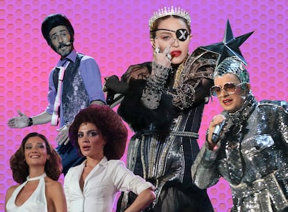 Algunos de los artistas que han causado controversia en el escenario de Eurovisión: Rodolfo Chikiliquatre, Madonna, las dos chicas de la banda Stepgane & 3G, de Georgia, y el ucraniano Verka Serduchka.