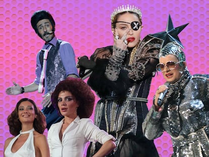 Algunos de los artistas que han causado controversia en el escenario de Eurovisión: Rodolfo Chikiliquatre, Madonna, las dos chicas de la banda Stepgane & 3G, de Georgia, y el ucraniano Verka Serduchka.