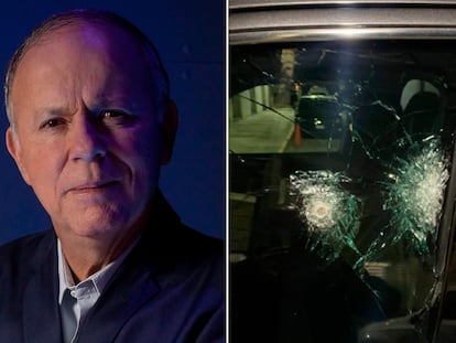 Ciro Gómez Leyva y los impactos de bala en la ventana de su auto, del atentado que sufrió el 15 de diciembre de 2022 .