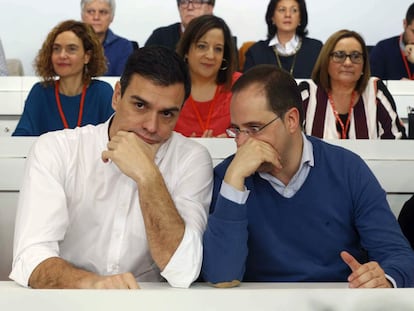 El secretari general del PSOE, Pedro Sánchez (esq) i el secretari d'Organització, César Luena, durant la reunió del Comité Federal a Madrid.