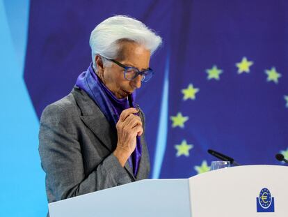 La presidenta del BCE, Christine Lagarde, en rueda de prensa