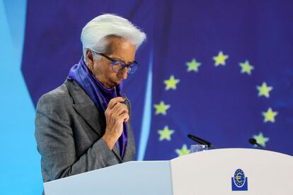 La presidenta del BCE, Christine Lagarde, en rueda de prensa