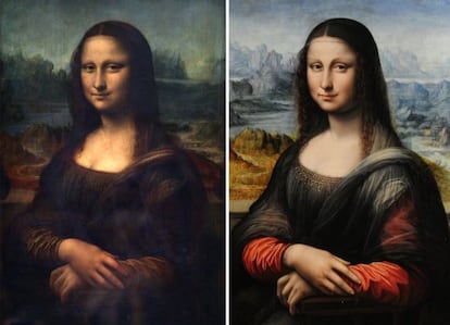 A la izquierda, la 'Gioconda' original, la de Leonardo, y a la derecha, la réplica de uno de sus discípulos