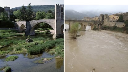 Vista del puente románcio de Besalú (Girona), antes y después del temporal.