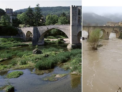 Vista del puente románcio de Besalú (Girona), antes y después del temporal.