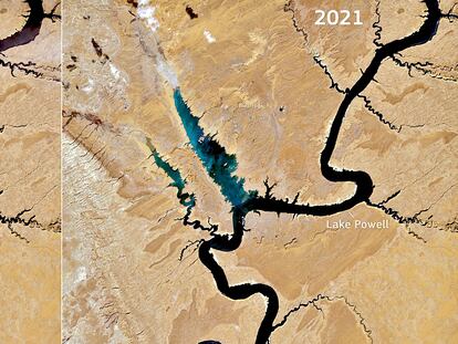 Imágenes por satélite del 17 de abril de 2020 y de 2021 que muestran los efectos de la gran sequía que sufre la cuenca del río Colorado en el lago Powell, en Estados Unidos.