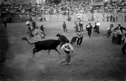 Una de las fotografías de la colección de Leonardo Cantero Cortés, fotógrafo de Miranda de Ebro (Burgos), que retrataba fiestas populares a principios del siglo XX, como esta novillada en la tambié burgalesa Bribiesca.