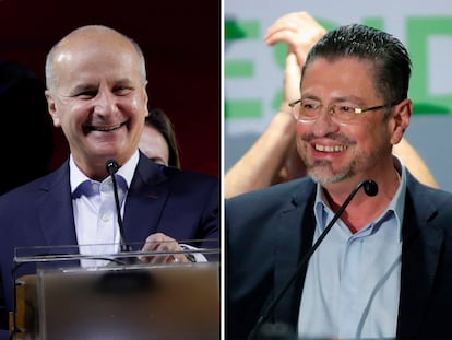 Los candidatos a la presidencia de Costa Rica: José María Figueres (izquierda) y Rodrigo Chaves, celebran su paso a la segunda vuelta electoral.