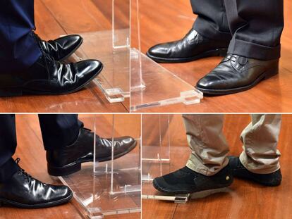 Los zapatos de Alberto Rivera, Mariano Rajoy, Pedro Sánchez y Pablo Iglesias, durante distintas ruedas de prensa.