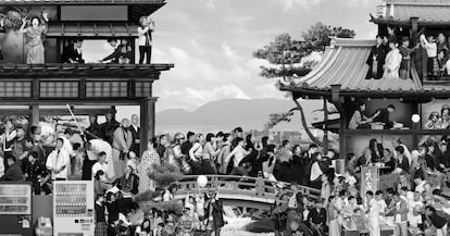 Detalle de 'The Chronicles of Kyoto', la gran obra mural realizada por JR con 500 habitantes de la ciudad japonesa.