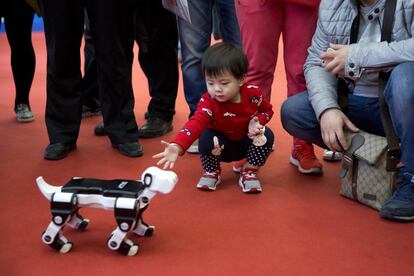 Un niño intenta acariciar un perro robótico en la Conferencia Mundial de Robots, en Pekín (China).