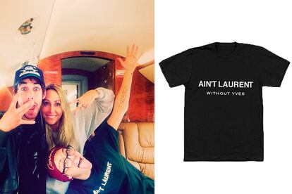 Miley aprovechó el mismo viaje (y look) para lucir una camiseta con el mensaje "No hay Laurent sin Yves", de la firma What About Yves (31 euros).