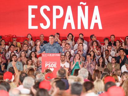 El secretario general del PSOE y presidente del Gobierno, Pedro Sánchez, interviene en un acto de su partido en Dos Hermanas (Sevilla) el 18 de junio.