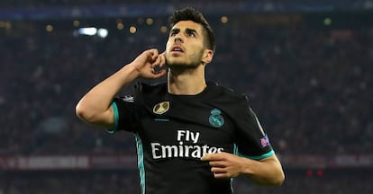 Marco Asensio celebra el segundo gol del Real Madrid frente al Bayern