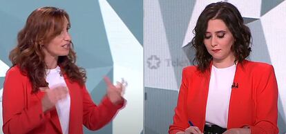 Mónica García (a la izquierda), de Más Madrid, e Isabel Díaz Ayuso, del Partido Popular, durante el debate.