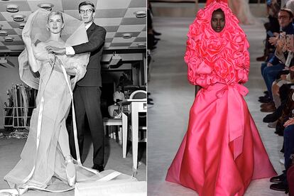 A la izquierda, Yves Saint Laurent y Tessa Beaumont en Dior (1959); a la derecha, Adut Akech abriendo el desfile de Valentino Haute Couture p-v 2019.